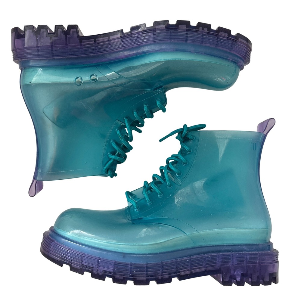 Melissa Coturno Teal Blue Purple Translucent Jelly Combat Boots Women's Size 7 - Picture 2 of 8